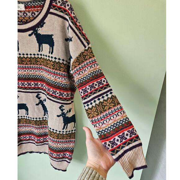 NWT! Orilife Oversized Baggy Beige Cotton & Wool Blend Reindeer Sweater - Picture 9 of 9